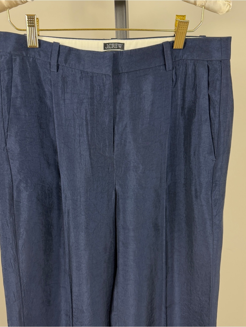 J. Crew Essential Wide Leg Navy Blue Textured Satin Dress Trouser Pants 4 - Picture 3 of 8